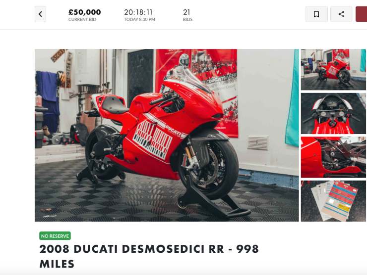 Schermata dell'asta della Ducati Desmosedici (Collectingcars.com)