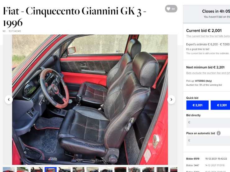 Fiat Cinquecento Giannini (Catawiki): l'annuncio