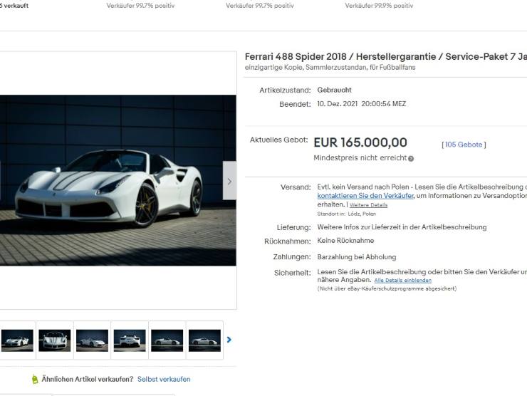 Ferrari 488 Spider di Lewandowski su eBay (ebay.de)