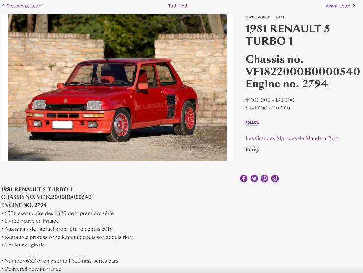 Renault 5 Turbo 1 (Bonhams): l'annuncio