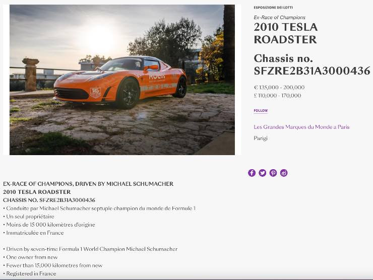 La Tesla Roadster di Michael Schumacher (Bonhams)