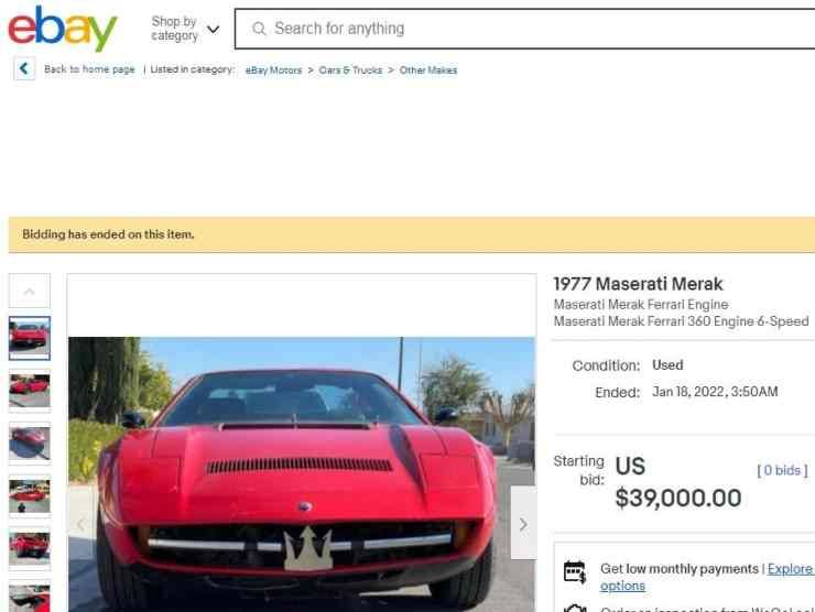 L'annuncio sulla Maserati Merak con motore Ferrari (Ebay)