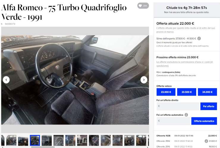 Alfa Romeo - 75 Turbo Quadrifoglio Verde (Catawiki): l'annnuncio