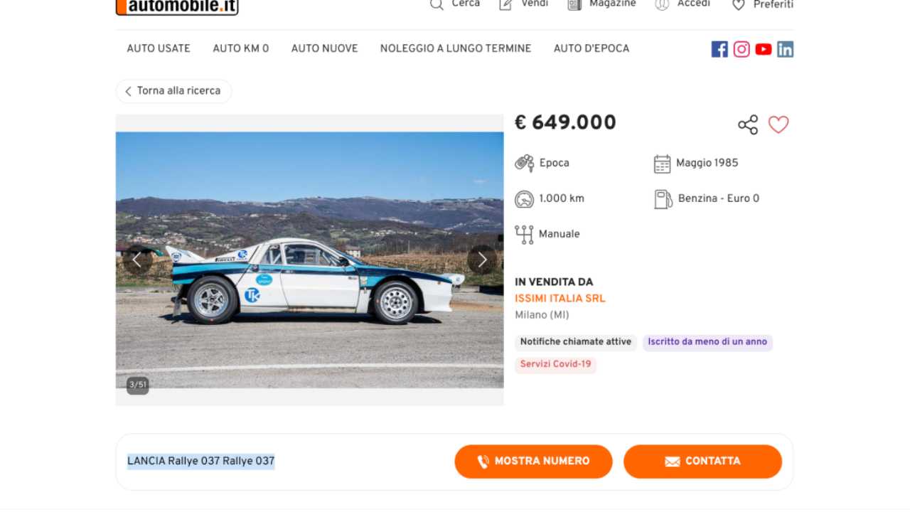 La Lancia Rallye messa in vendita